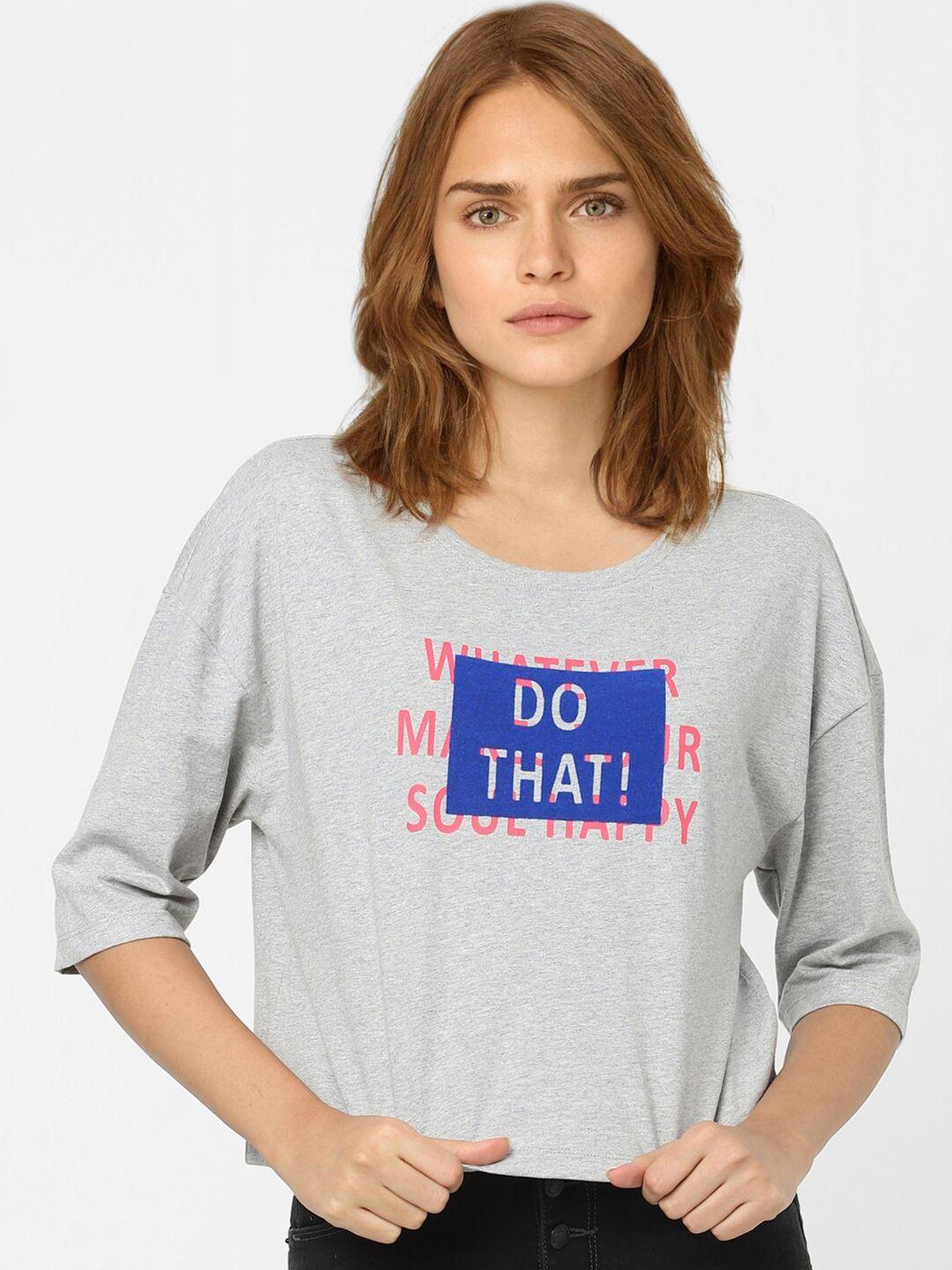 vero moda women grey & blue typography drop-shoulder sleeves t-shirt