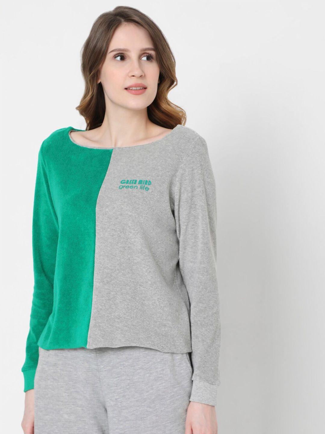 vero moda women grey & green colourblocked sweatshirt