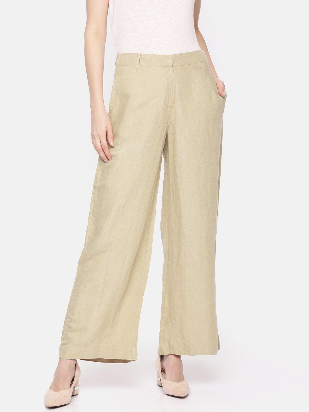 vero moda women khaki relaxed straight fit solid parallel trousers