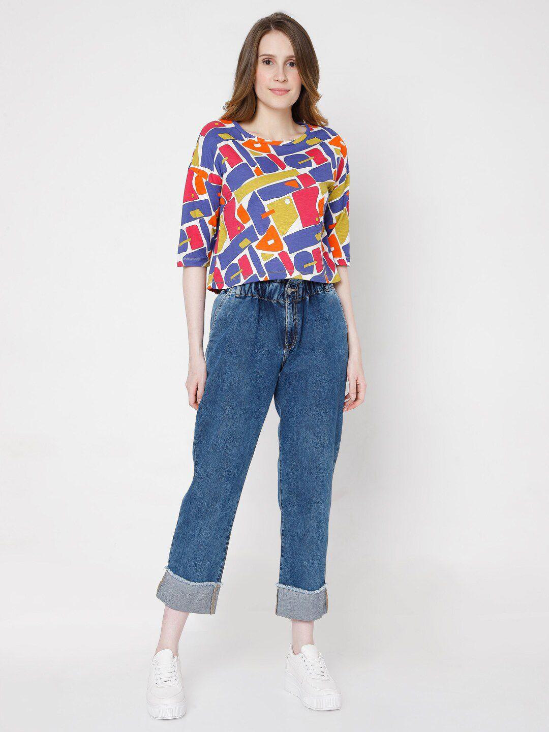 vero moda women multicoloured printed extended sleeves cotton t-shirt