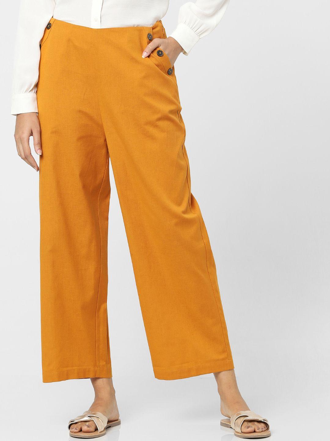 vero moda women mustard yellow cotton parallel trousers