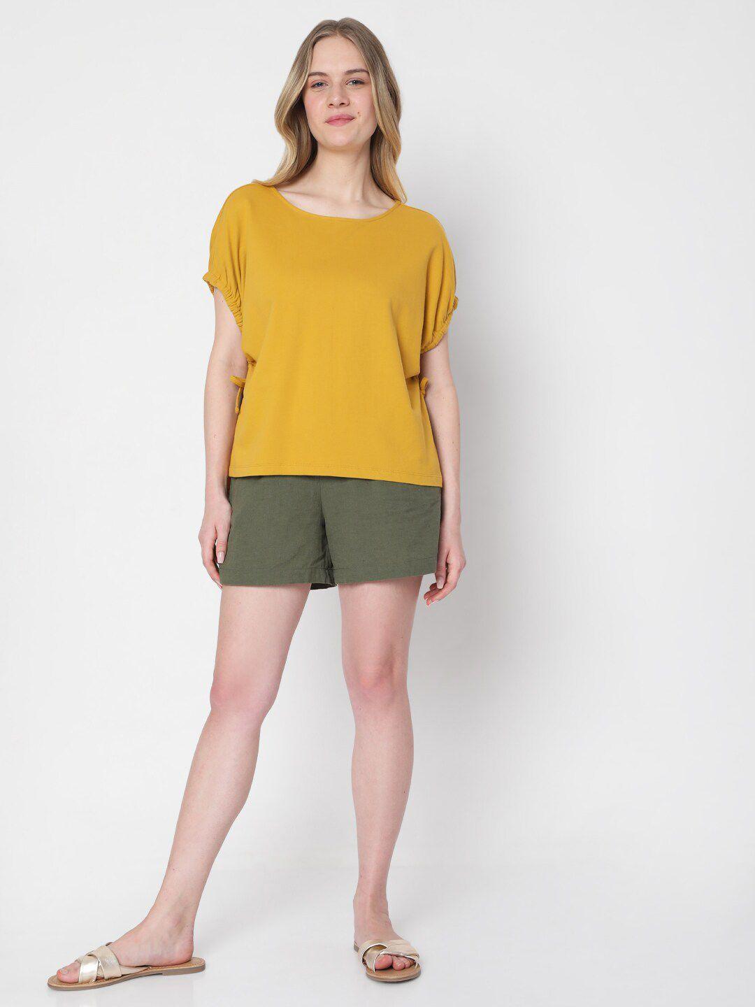 vero moda women mustard yellow solid pure cotton t-shirt