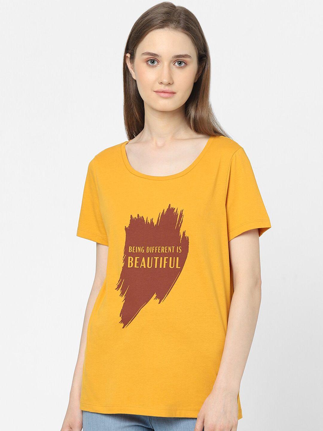 vero moda women mustard yellow typography printed t-shirt