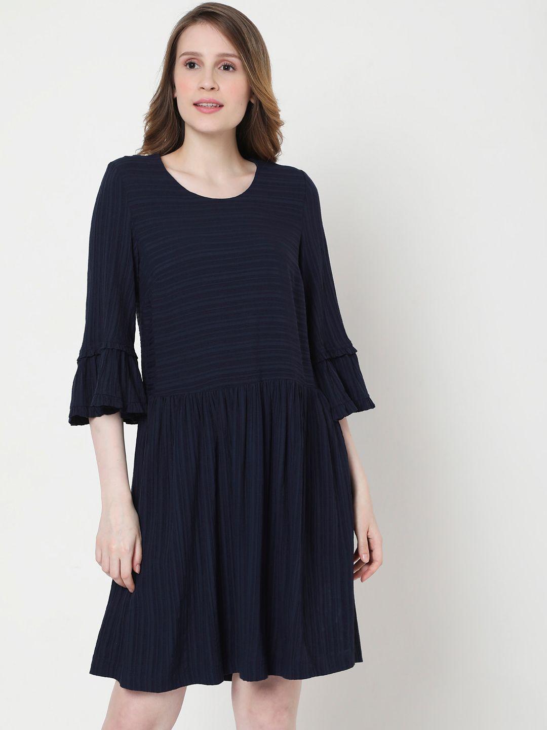 vero moda women navy blue & black striped round neck drop-waist dress