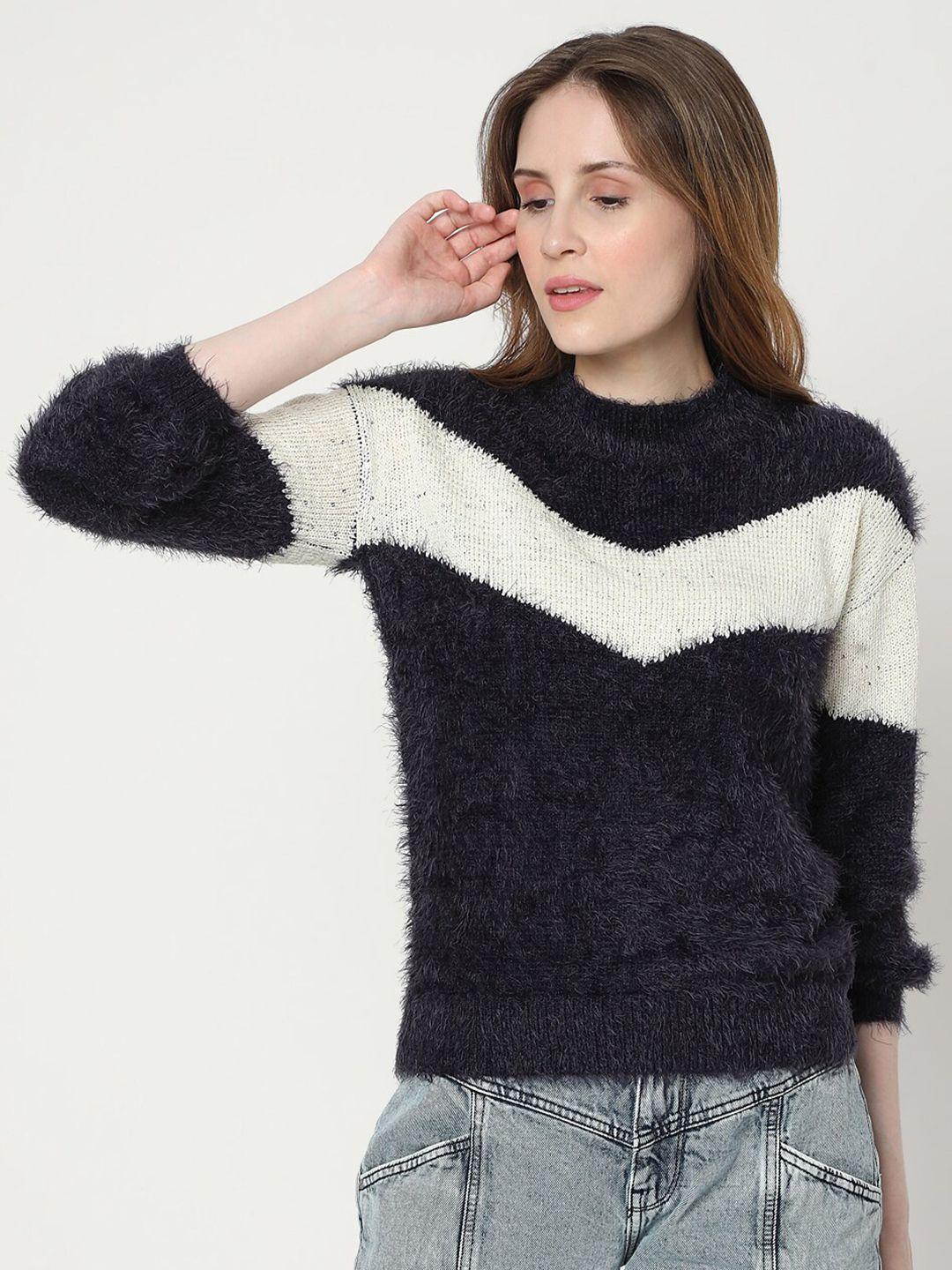vero moda women navy blue & white colourblocked casual sweater