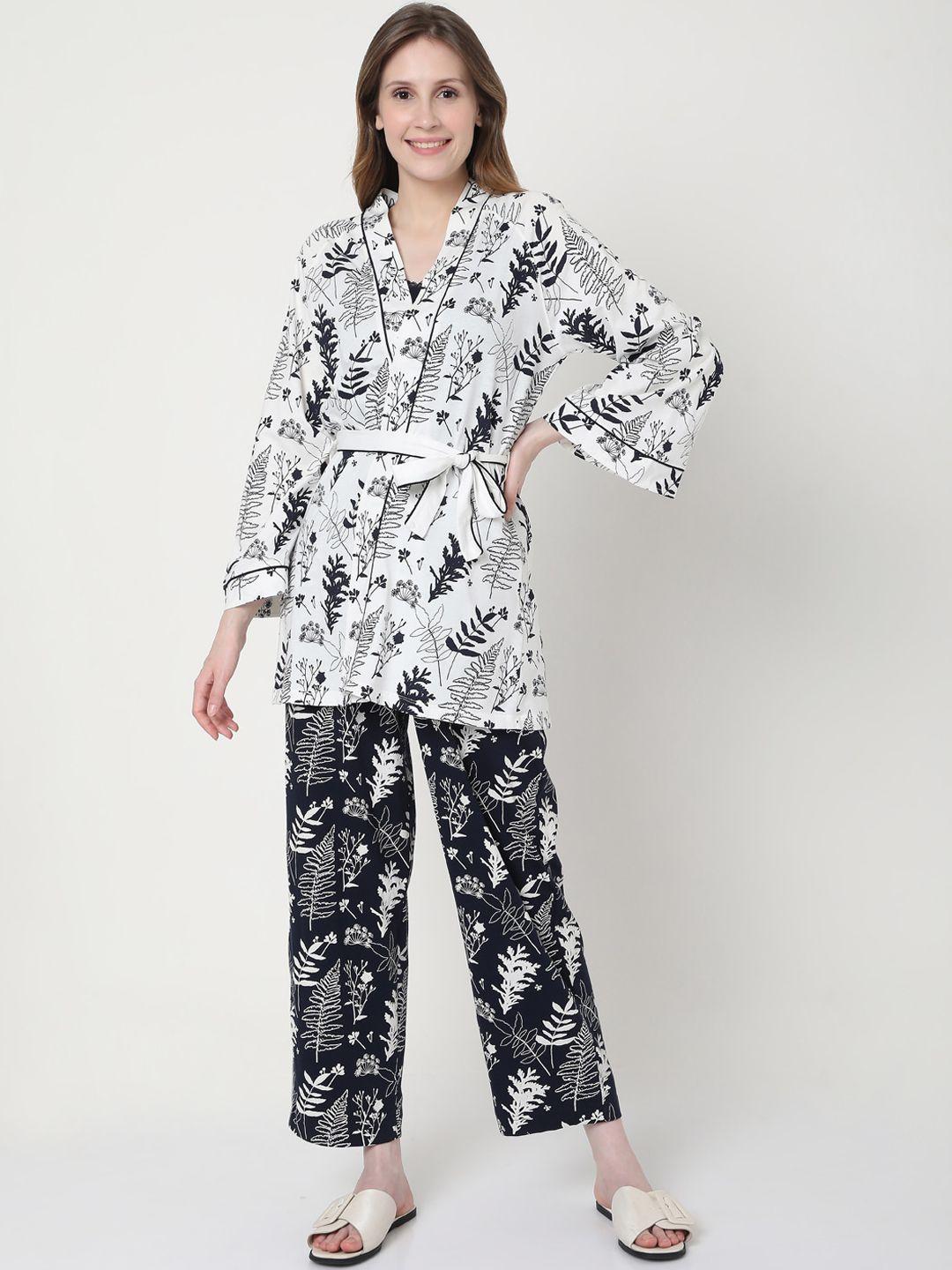 vero moda women navy blue & white printed pure cotton night suit