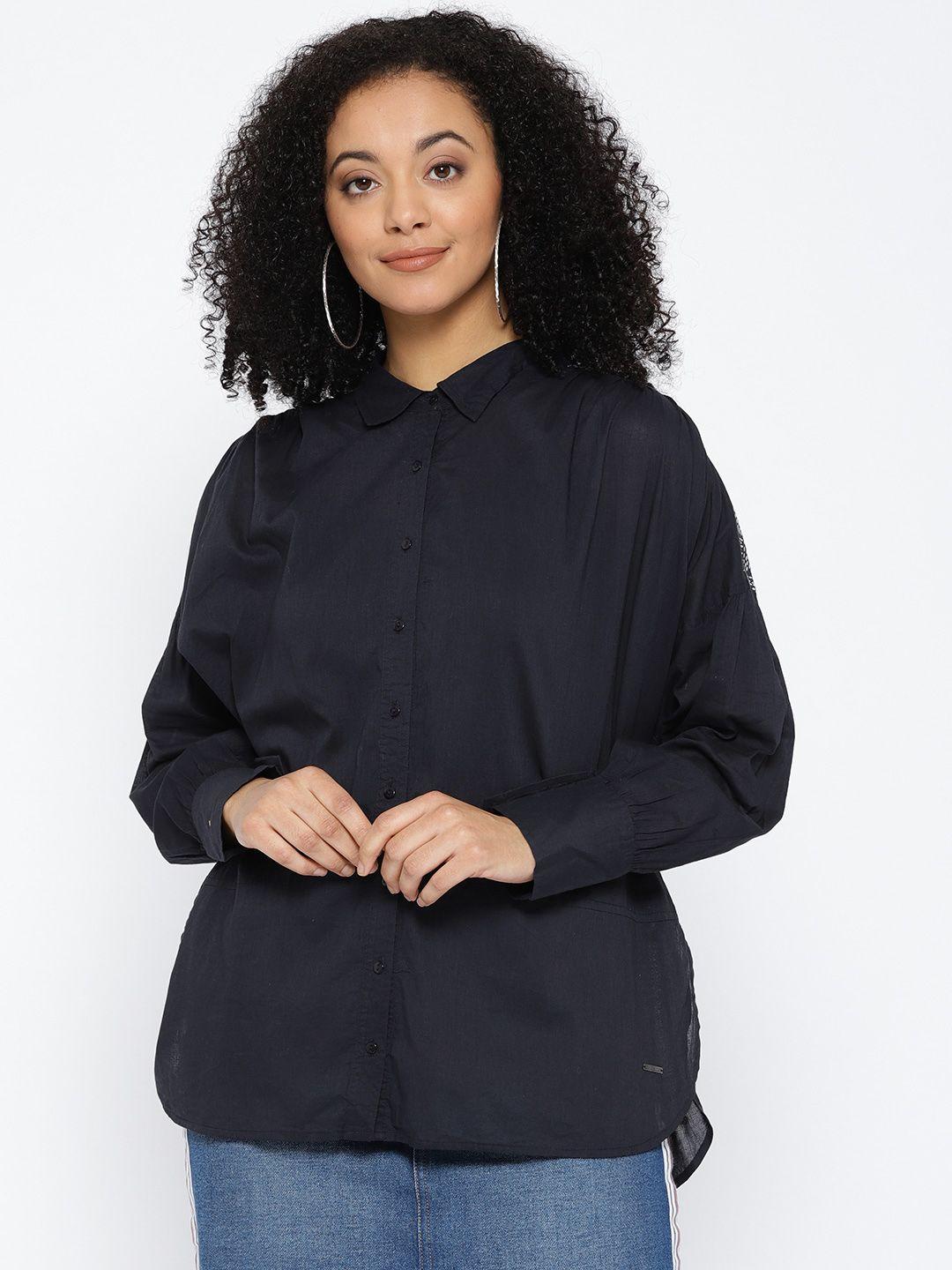 vero moda women navy blue comfort regular fit solid casual shirt