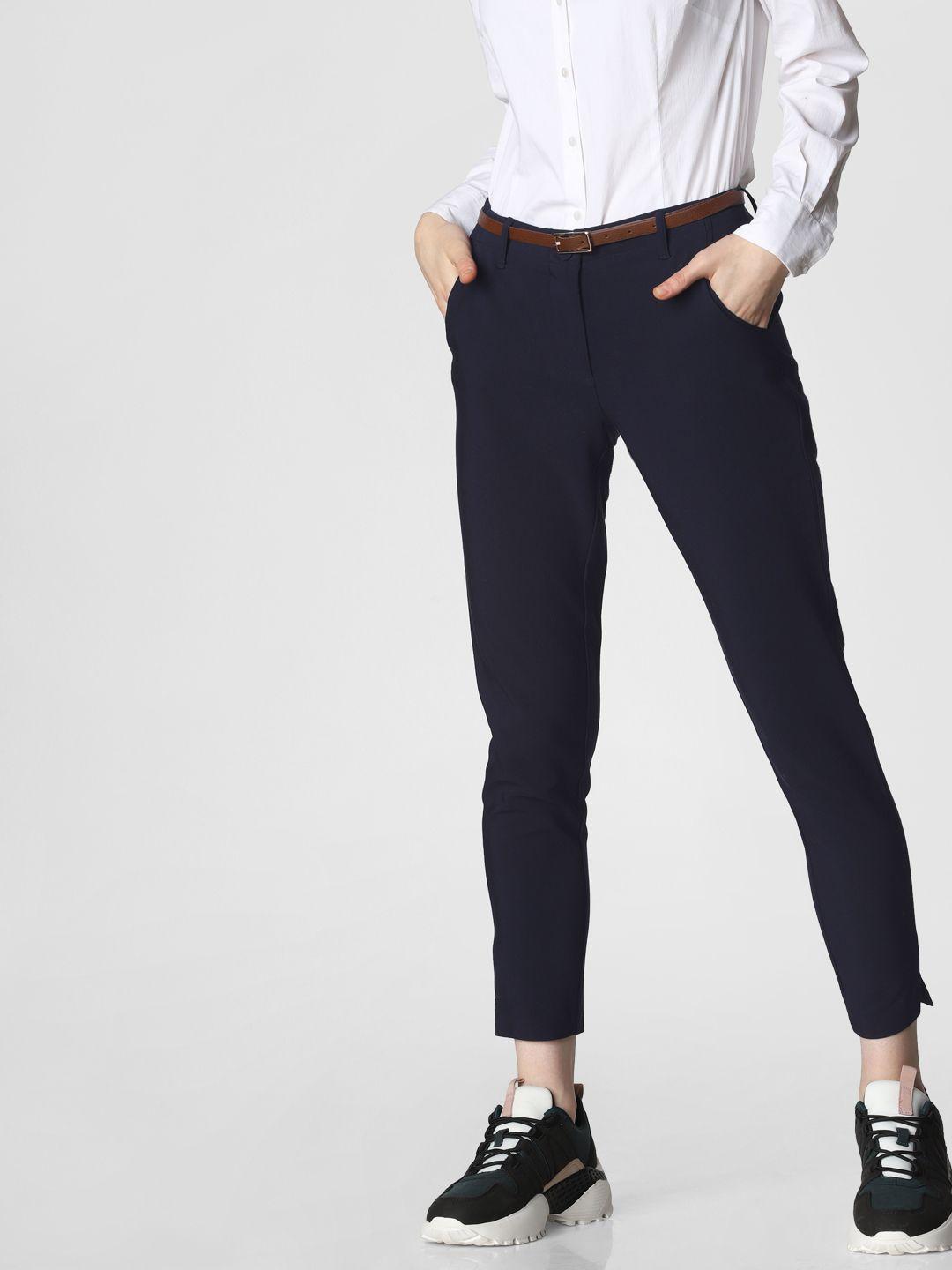 vero moda women navy blue slim fit solid regular trousers