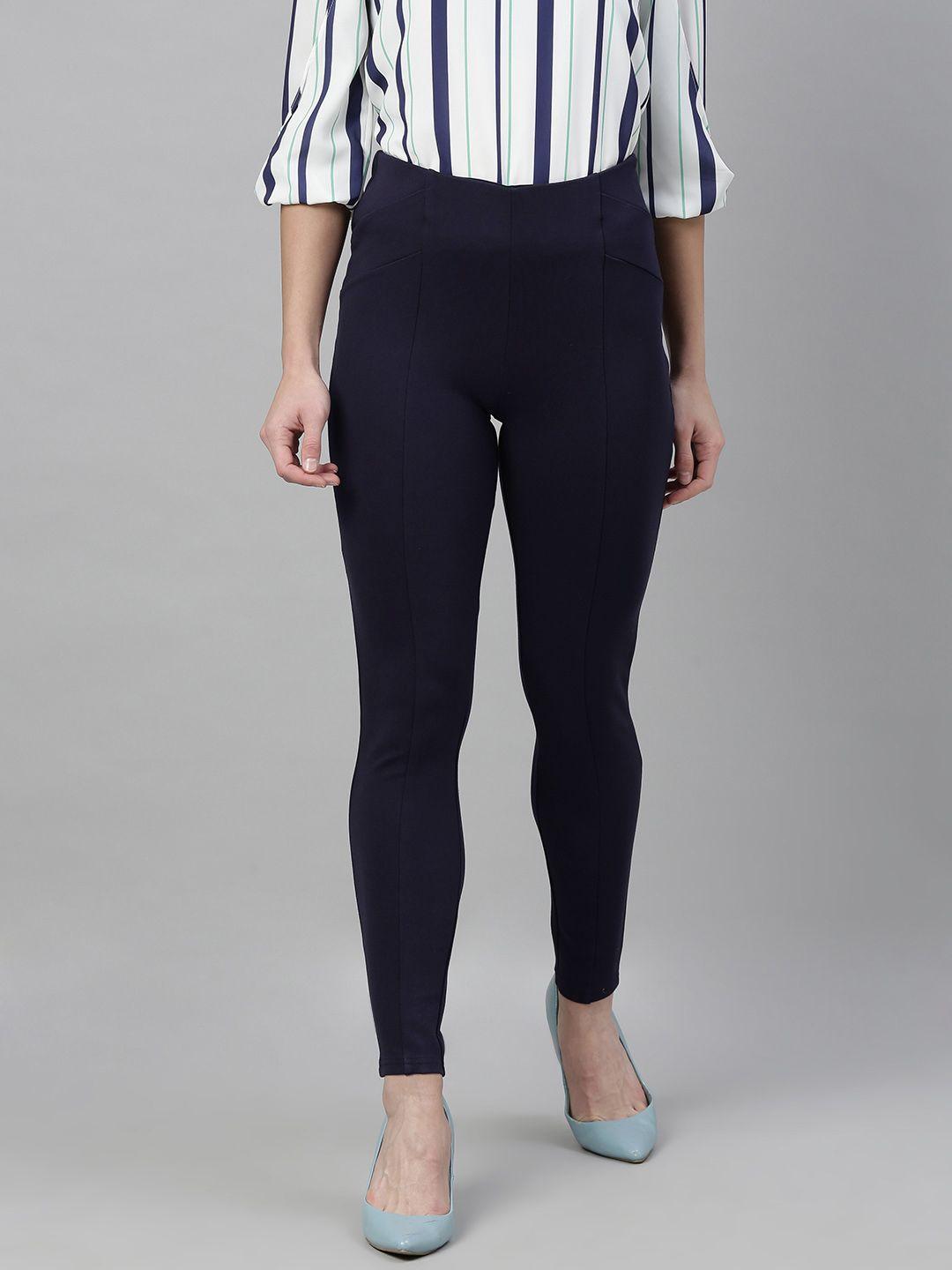 vero moda women navy blue solid ankle length treggings