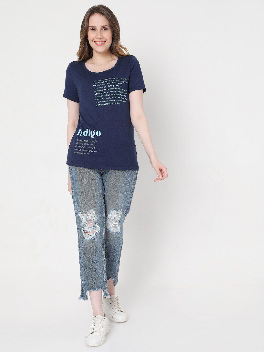 vero moda women navy blue typography printed t-shirt