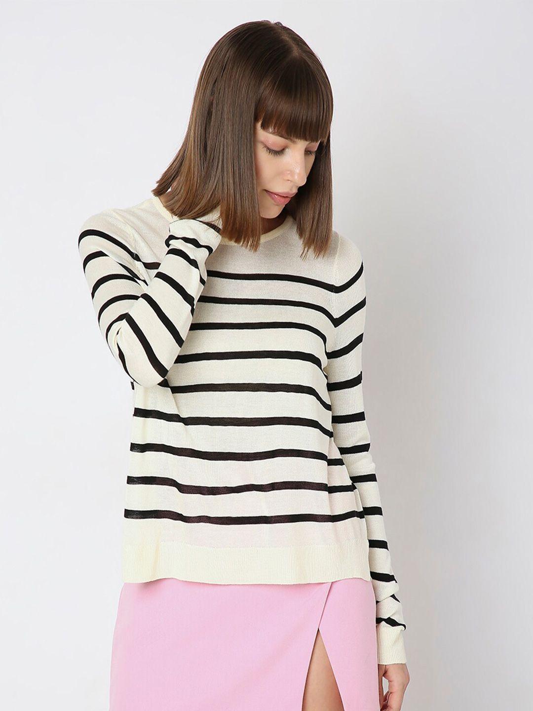 vero moda women off white & black striped pullover