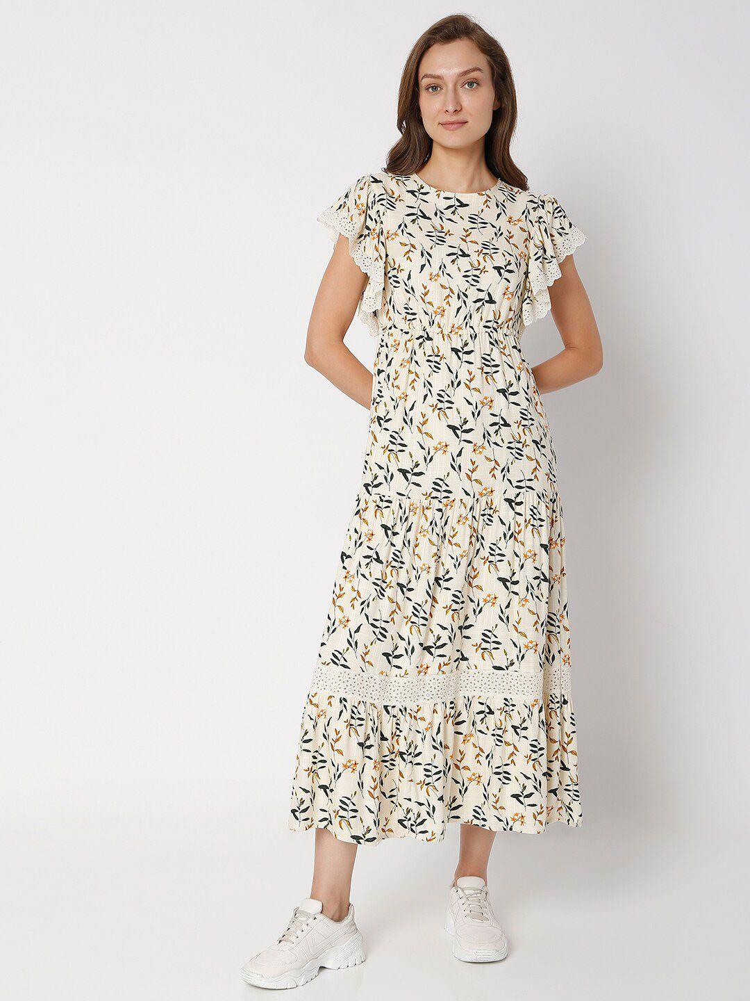 vero moda women off white & green floral printed fit & flare dress