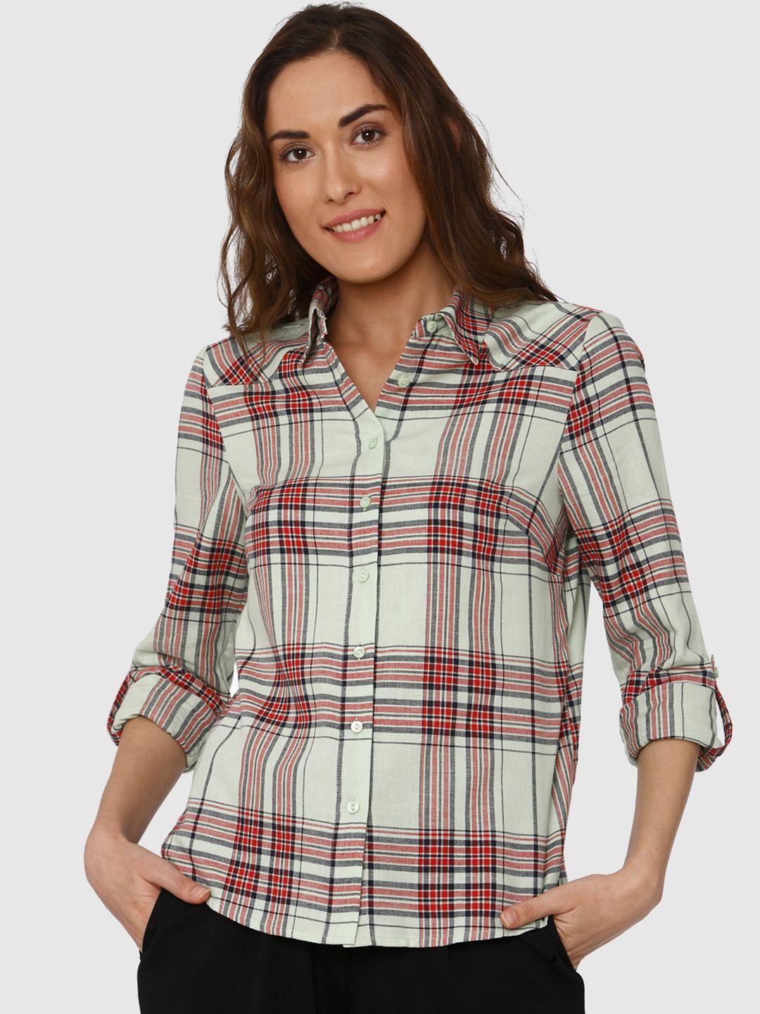 vero moda women off-white & red regular fit checked casual shirt