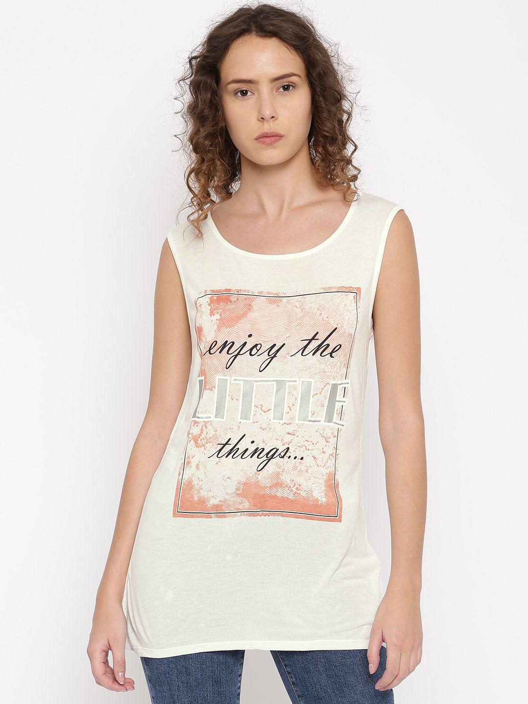 vero moda women off-white printed round neck top