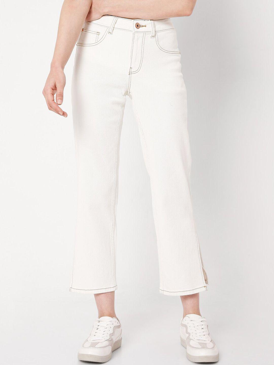 vero moda women off white straight fit slash knee jeans