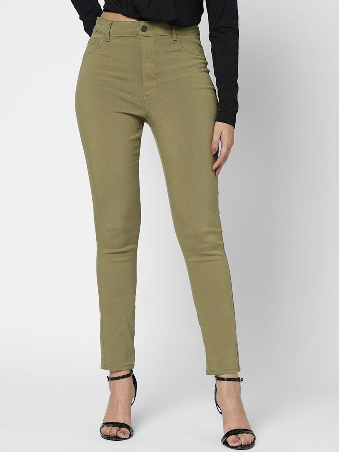 vero moda women olive green skinny fit clean look high rise stretchable jeans