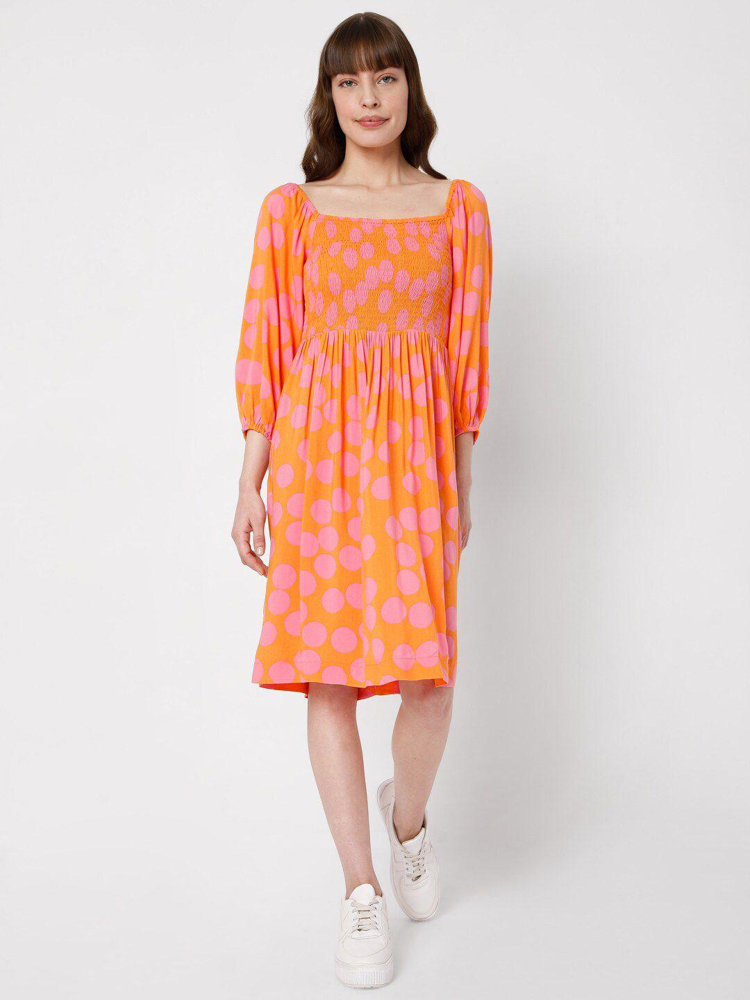 vero moda women orange & pink polka dot printed midi dress