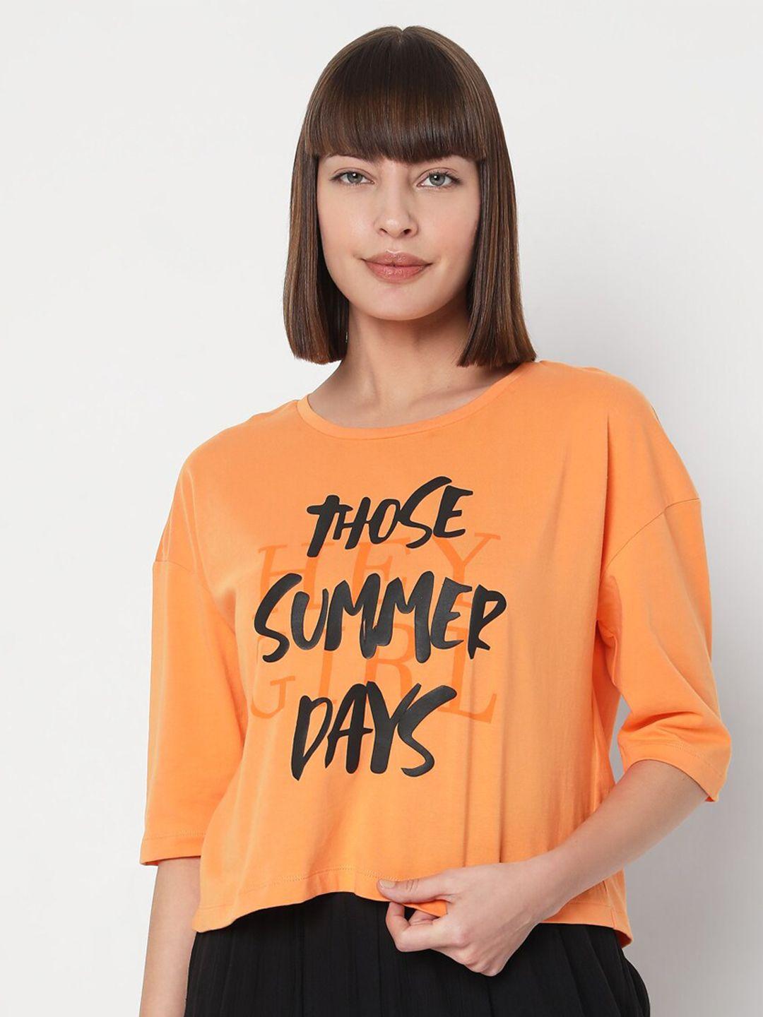 vero moda women orange typography printed cotton t-shirt