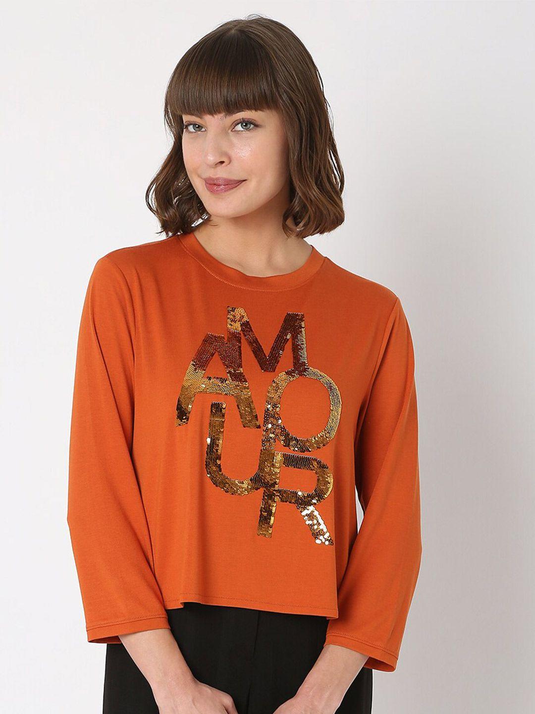 vero moda women orange typography printed t-shirt
