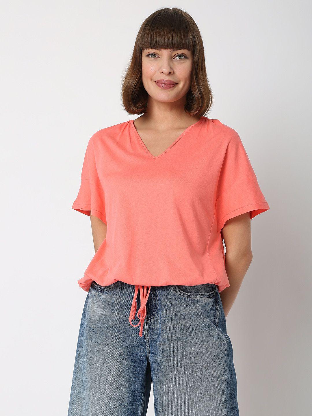 vero moda women orange v-neck drop-shoulder sleeves t-shirt