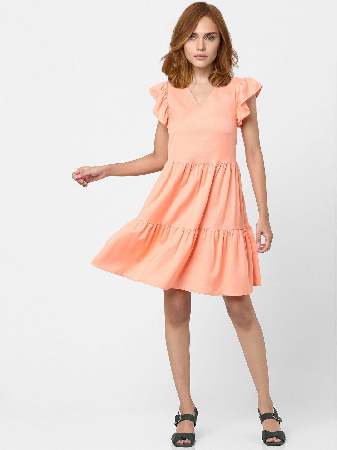 vero moda women peach-coloured fit & flare tiered dress