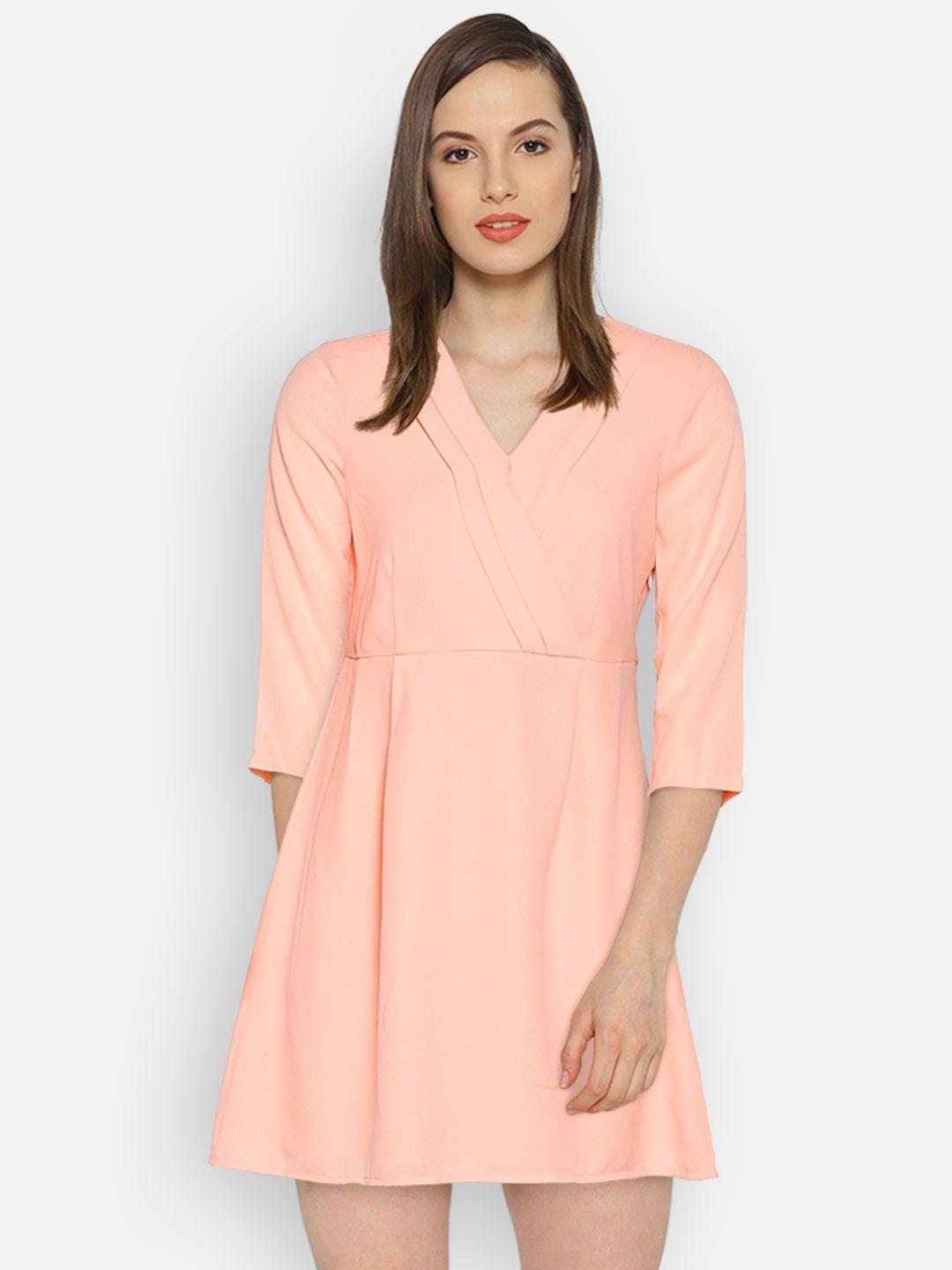 vero moda women peach-coloured solid fit & flare dress