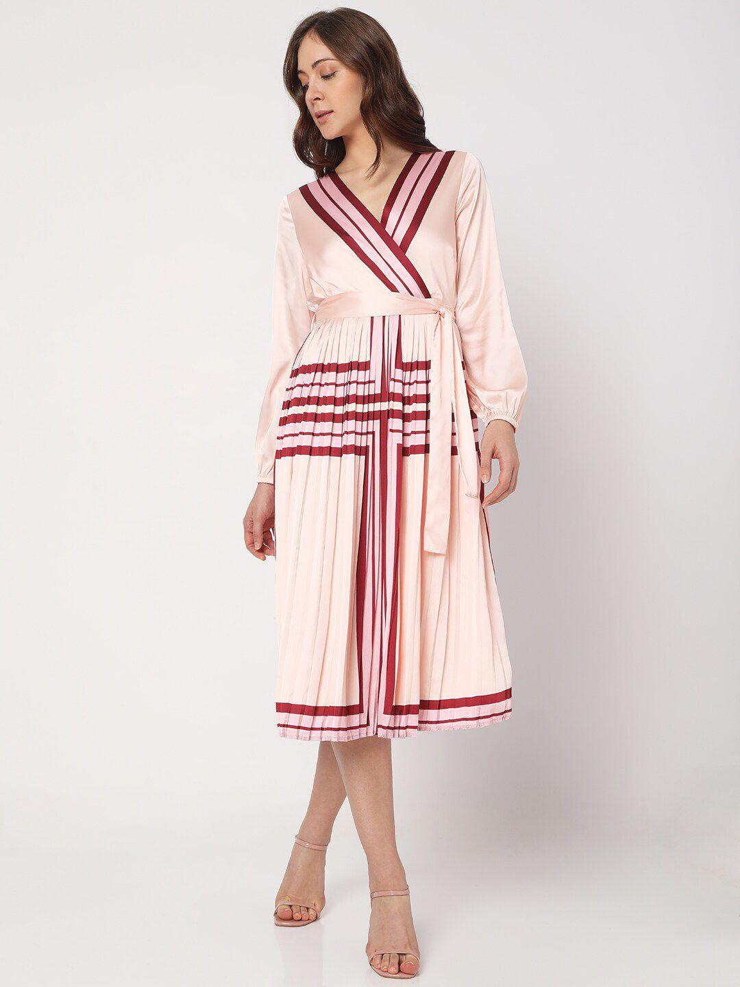 vero moda women pink & maroon striped v-neck midi dress
