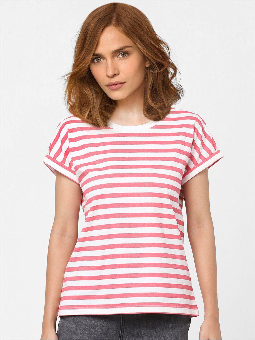 vero moda women pink & white striped extended sleeves t-shirt