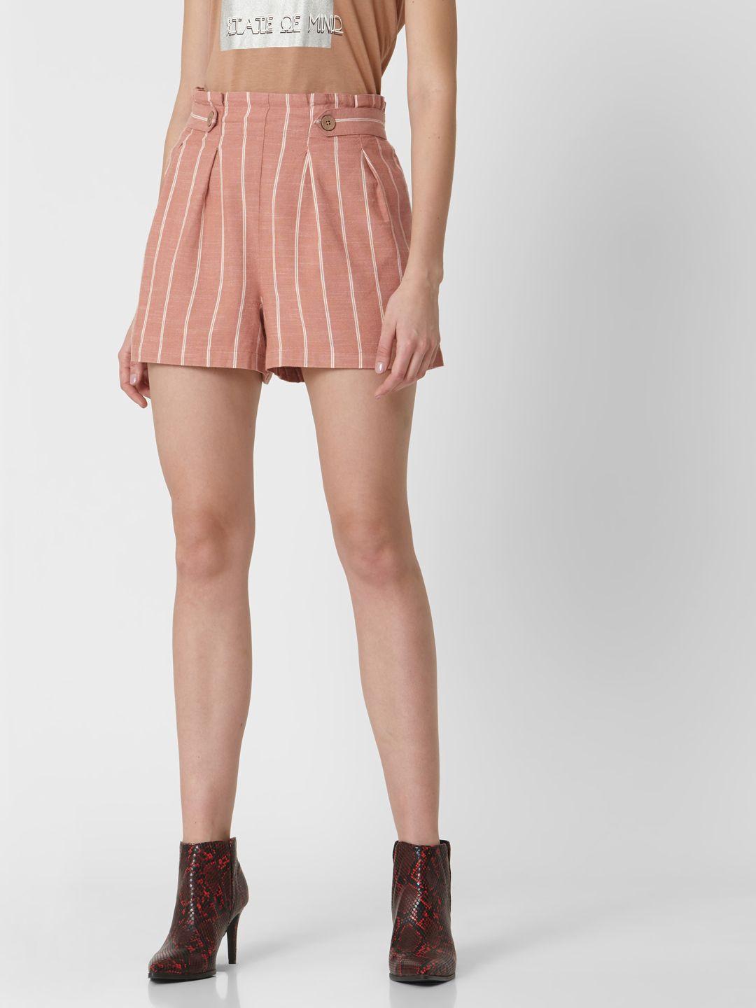 vero moda women pink & white striped regular fit shorts