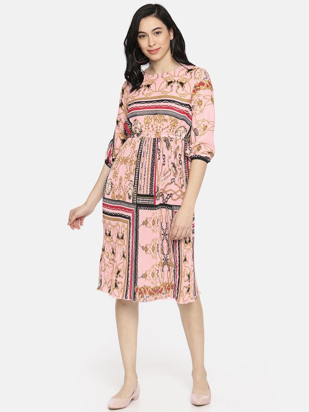 vero moda women pink printed fit and flare dress