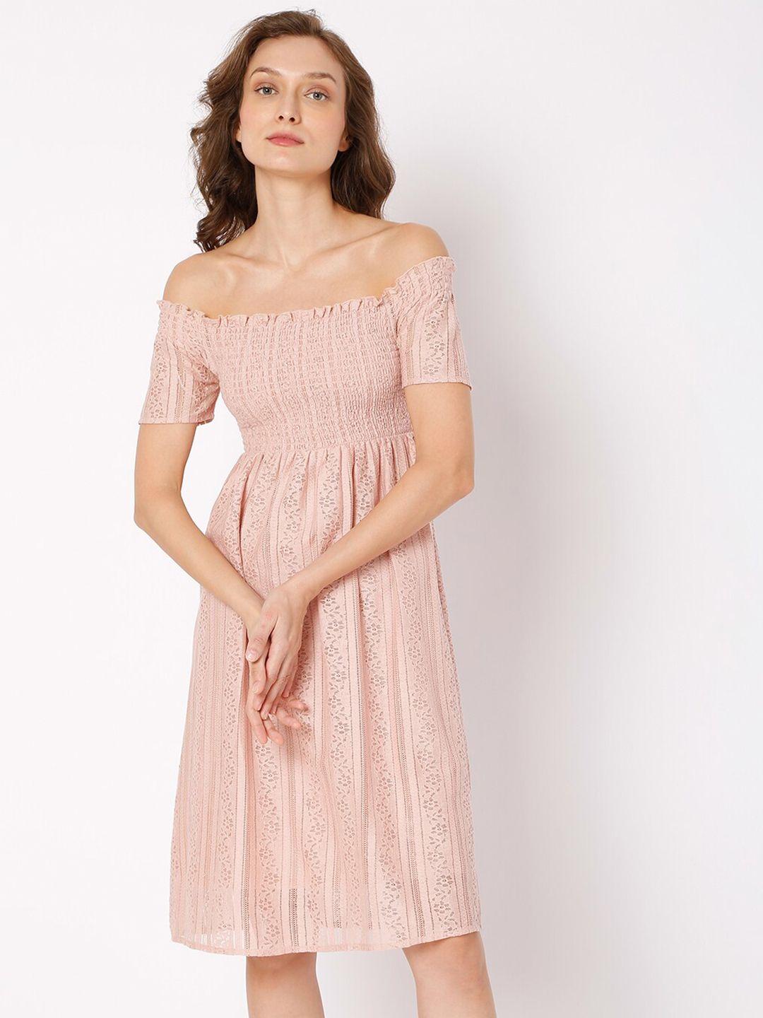 vero moda women pink printed off shoulder smoked detail a-line midi dress