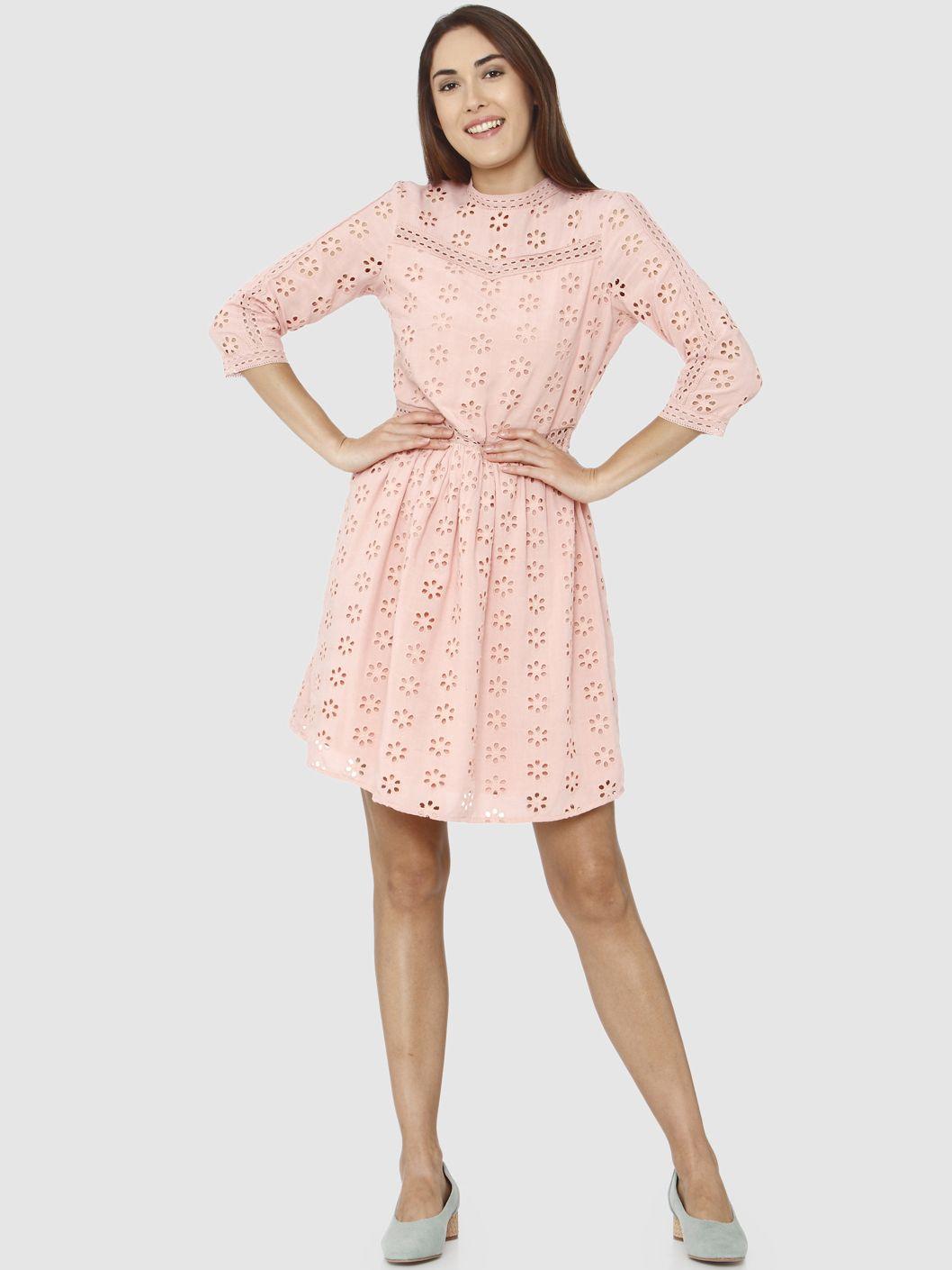 vero moda women pink self design a-line dress