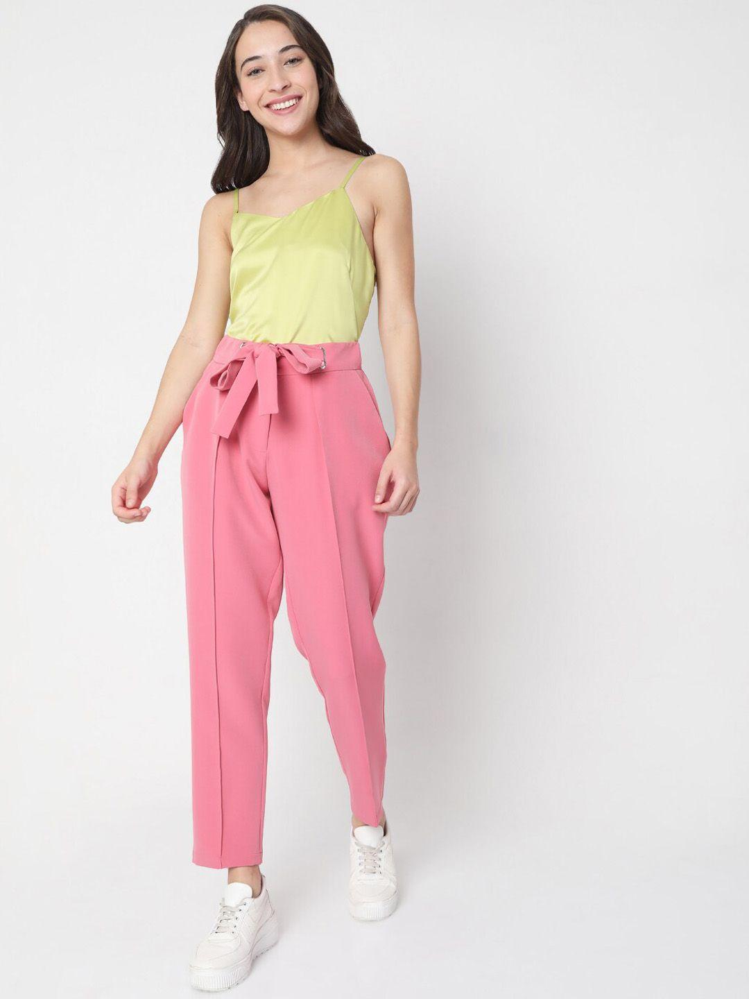 vero moda women pink slim fit high-rise pleated trousers