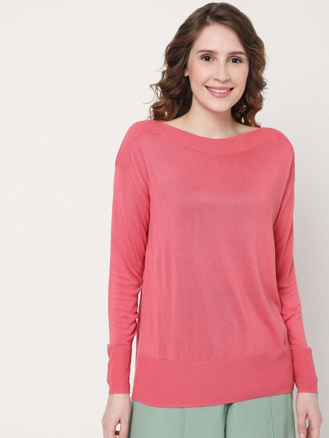 vero moda women pink solid boat neck pullover sweater