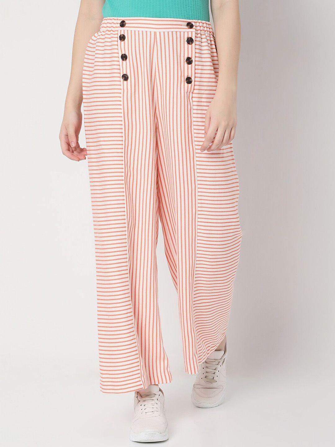 vero moda women pink striped high-rise trousers