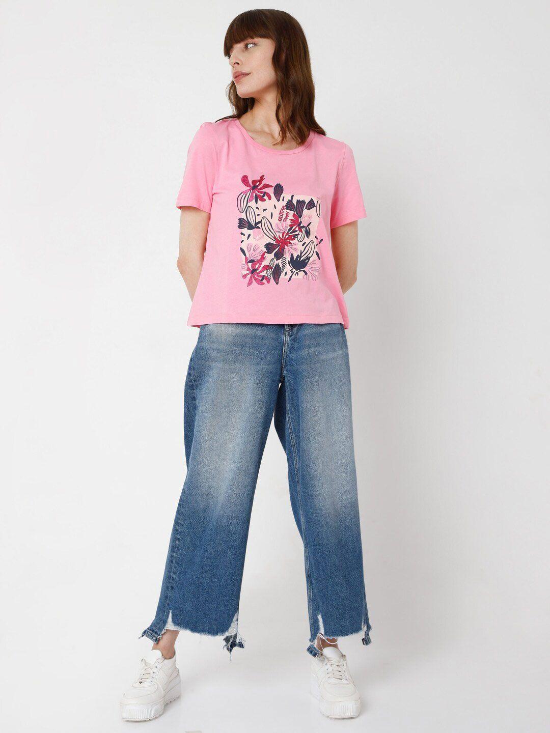 vero moda women pink typography printed pure cotton t-shirt