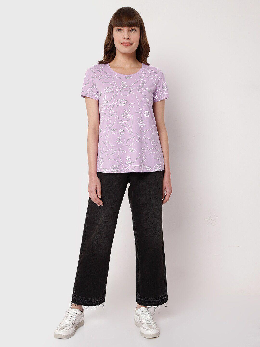 vero moda women purple & white printed round neck pure cotton t-shirt