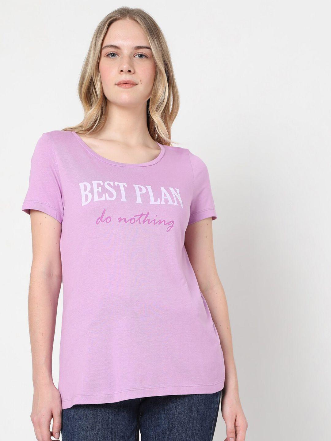 vero moda women purple & white typography t-shirt