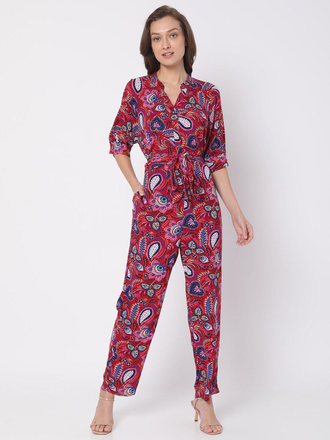 vero moda women red & blue printed basic jumpsuit