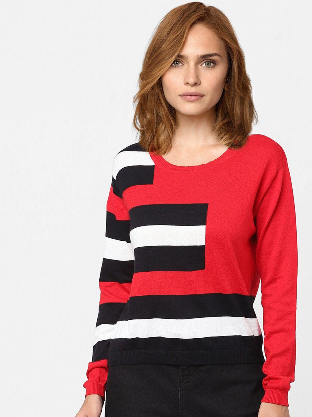 vero moda women red & white colourblocked pullover