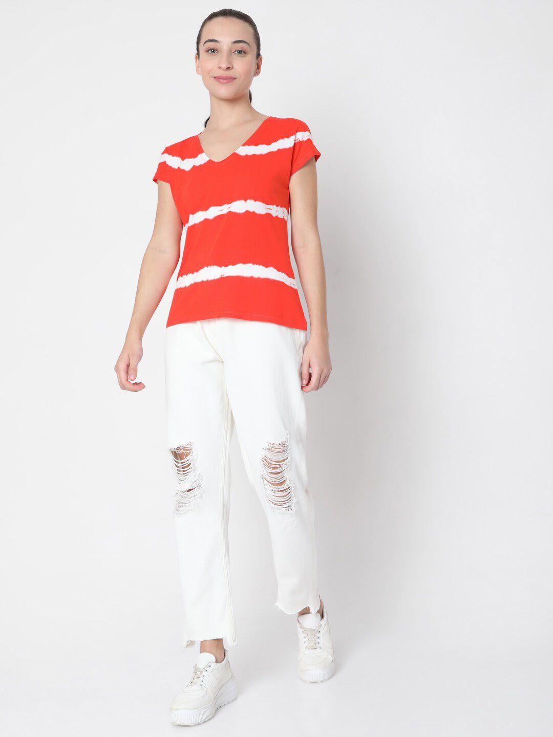 vero moda women red & white cotton applique t-shirt