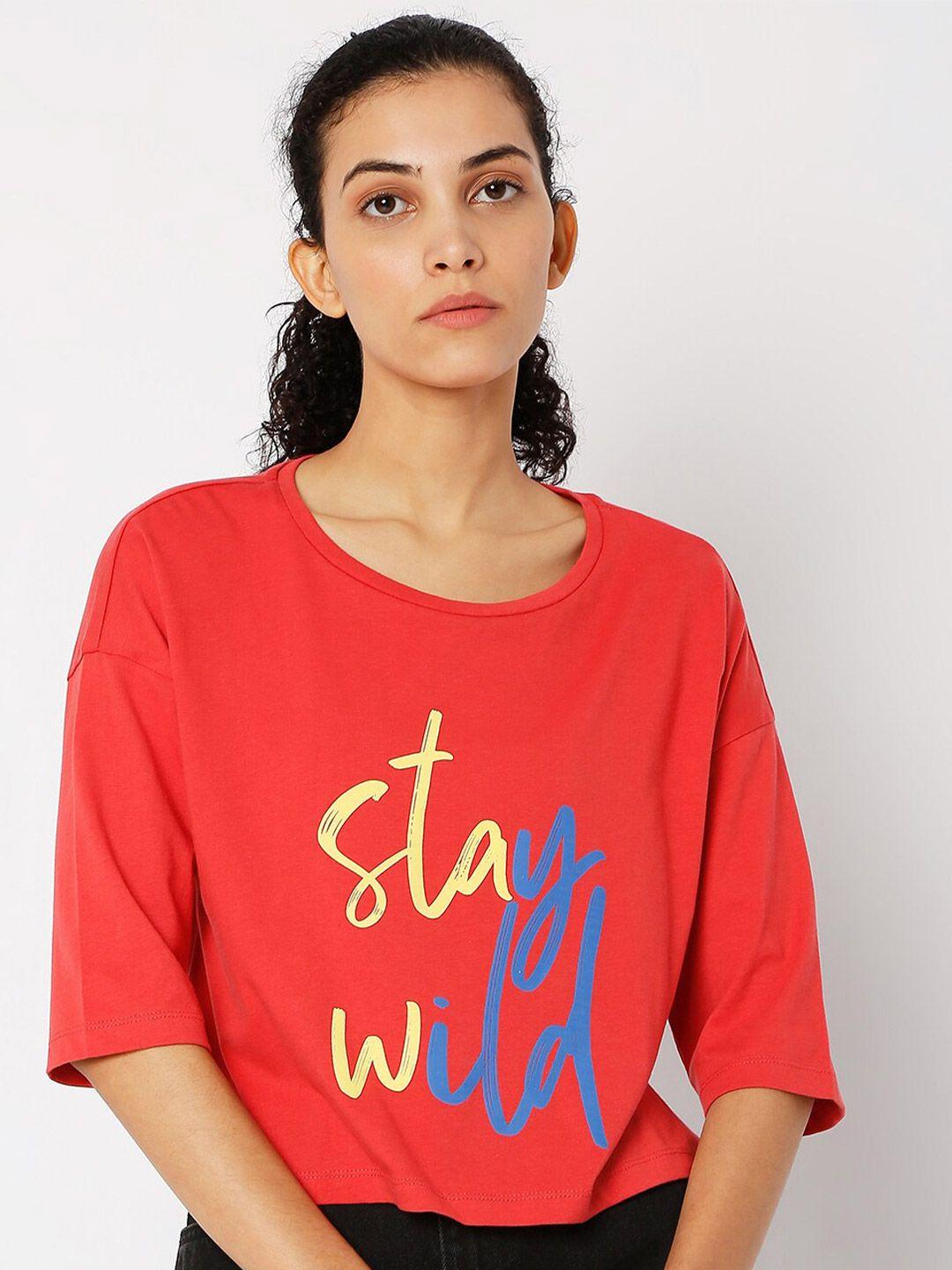 vero moda women red typography printed drop-shoulder sleeves t-shirt