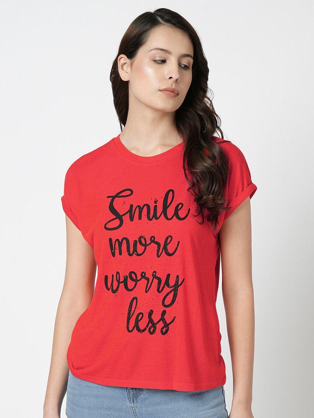 vero moda women red typography printed roll-up sleeves t-shirt