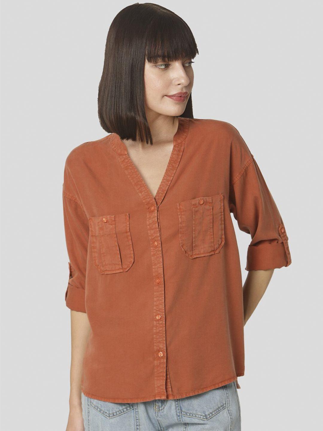 vero moda women rust regular fit solid casual shirt
