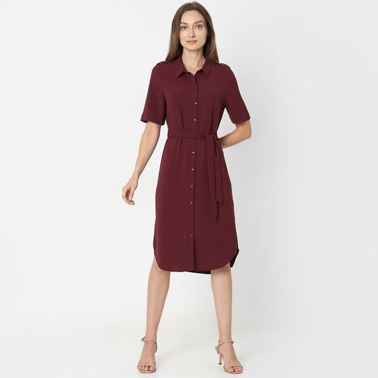 vero moda women solid collared belted fit & flare dress