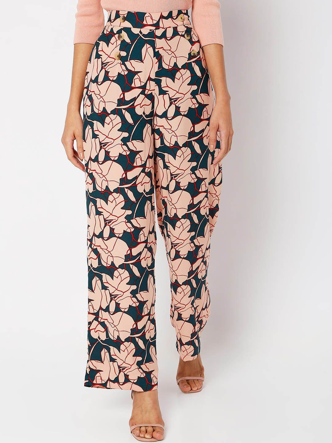 vero moda women teal & pink floral printed high-rise trousers