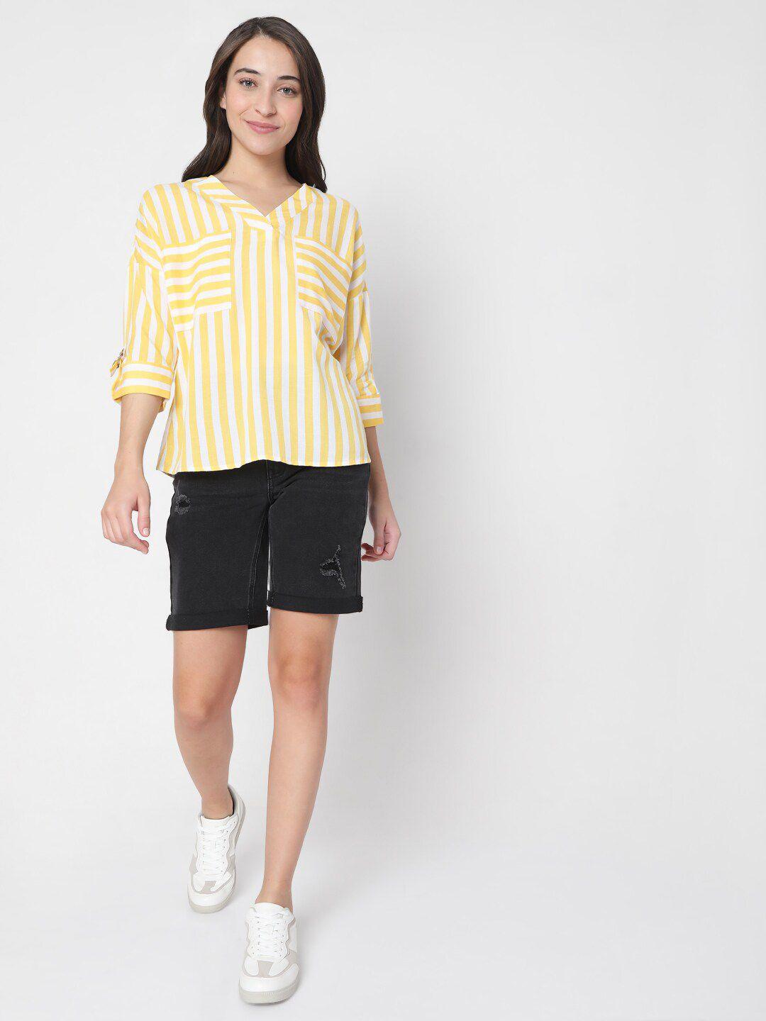 vero moda women white & yellow striped roll-up sleeves top