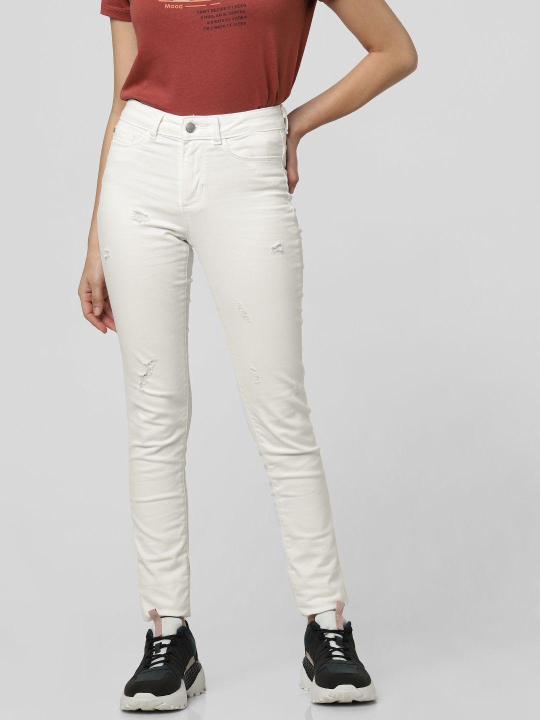 vero moda women white skinny fit mid-rise low distress stretchable jeans