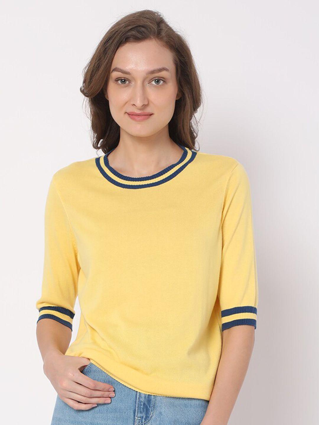 vero moda women yellow & blue solid pullover
