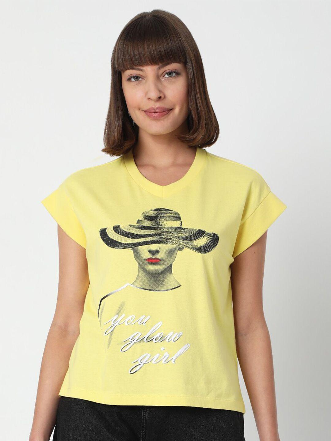 vero moda women yellow & elfin yellow typography printed v-neck pure cotton t-shirt